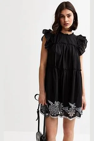 New Look Floral Embroidered Frill Trim Mini Dress