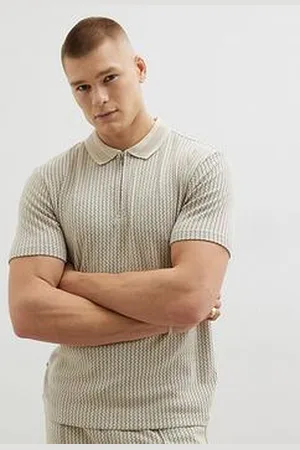 River Island Short Sleeve Slim Fit Jacquard Zip Polo Shirt - Stone