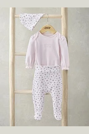 Mamas & Papas Baby Girls 3 Piece Floral Bodysuit, Legging & Hat First Outfit