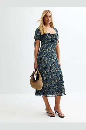 New Look Floral Print Tie Sleeve Chiffon Midi Dress