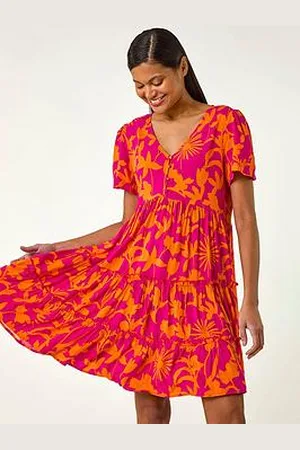 Roman Shadow Floral Tiered Smock Dress - Fuchsia
