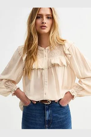 New Look Cream Floral Embroidered Frill Trim Blouse