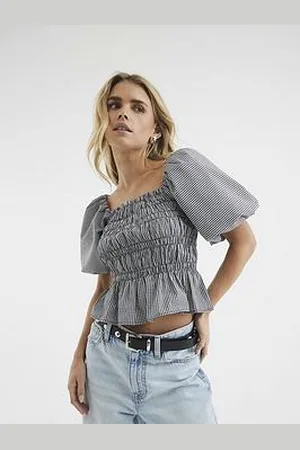 River Island Petite Puff Sleeve Gingham Shirred Top