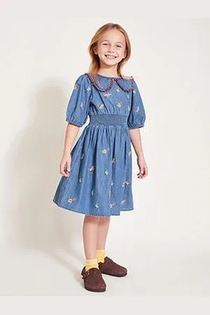 Monsoon Girls Floral Embroidered Chambray Dress