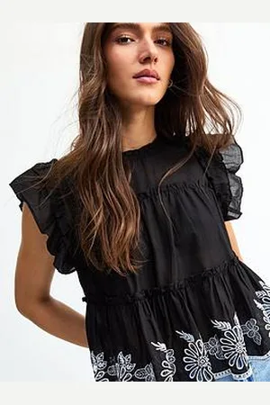 New Look Floral Embroidered Frilly Trim Top