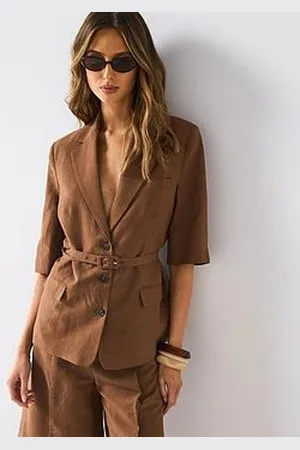 MANGO Linen Blend Suit Blazer With Belt