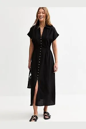 New Look Linen-Look Shirred Waist Midi Shirt Dress