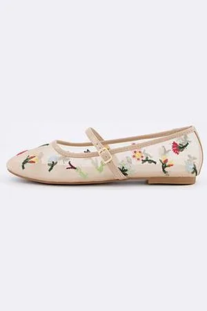 Very Mesh Ballet Flat With Floral Embroidery - Cream