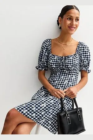 New Look Navy Gingham Floral Embroidered Milkmaid Mini Dress