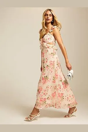 New Look Chiffon Rose Print Ruffle Cut Out Midi Dress