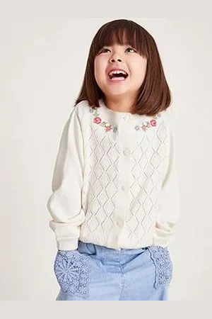 Monsoon Girls Floral Embroidered Pointelle Cardigan - Ivory