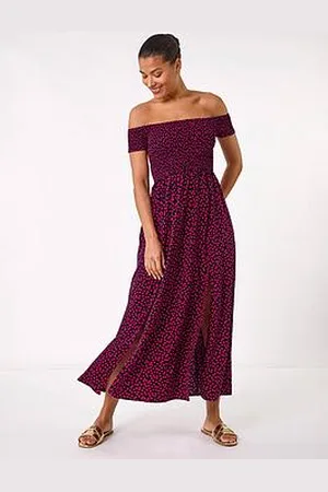 Roman Spot Print Shirred Bardot Maxi Dress
