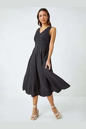 Roman Sleeveless Button Detail Cotton Midi Dress