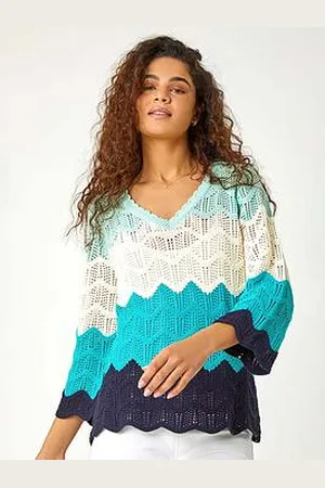 Roman Colour Block Crochet Knit Scalloped Jumper