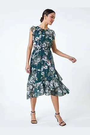 Roman Floral Frill Shirred Asymmetric Midi Dress