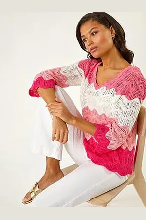 Roman Colour Block Crochet Knit Scalloped Jumper