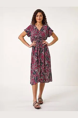 Roman Abstract Leaf Print Shirred Midi Dress - Burgundy