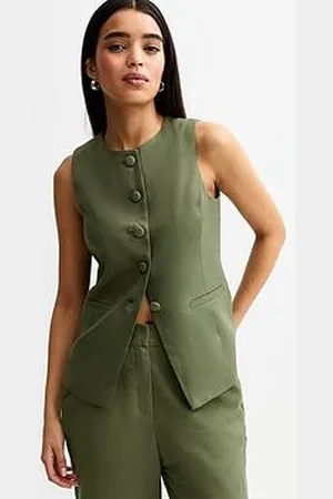 New Look Crew Neck Linen Blend Waistcoat - Khaki