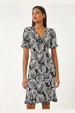 Roman Leaf Print Side Button Dress - Ivory