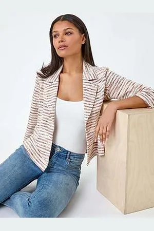 Roman Stripe Textured 3/4 Sleeve Cotton Blend Jacket