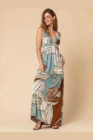 Roman Abstract Leaf Print V Neck Maxi Dress