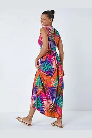 Roman Tropical Gathered Stretch Wrap Maxi Dress