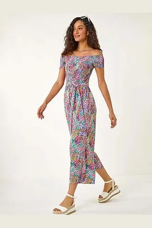 Roman Floral Shirred Stretch Bardot Jumpsuit