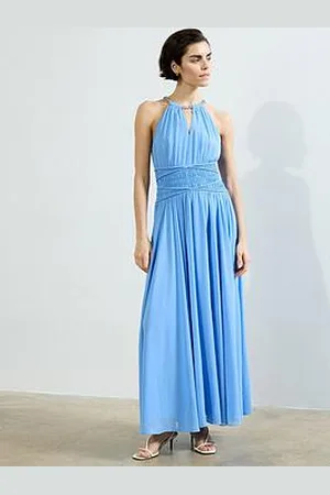 French Connection Chain Halter Neck Chiffon Cross-Over Ruched Maxi Dress