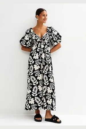 New Look Folk Floral Print Puff Sleeve Midi Dress