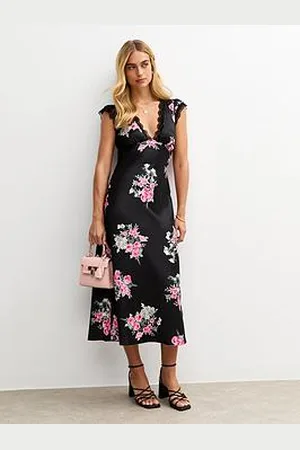 New Look Floral Print Lace Trimmed Satin Midi Dress