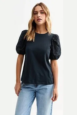 New Look Navy Broderie Anglaise Sleeve Jersey Top