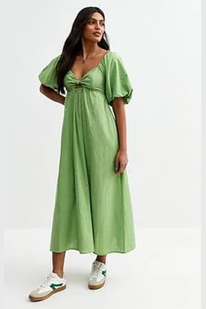 New Look Puff Sleeve Knotted Front Midi Dress