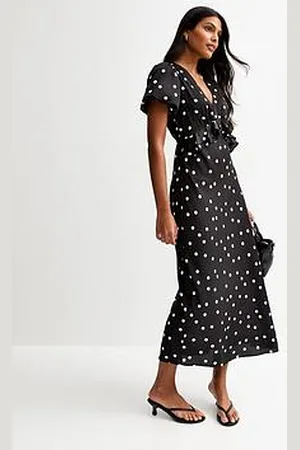 New Look Satin Spot Print Ruffle Trim Midi Dress