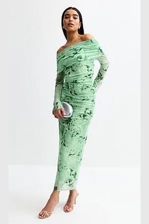 New Look Floral Print Mesh Bardot Midi Dress