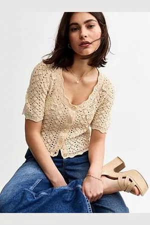 New Look Open Knit Floral Appliqued Cardigan