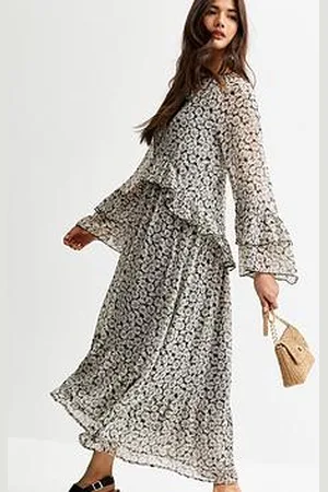 New Look Daisy Print Frilly Trim Chiffon Midi Dress