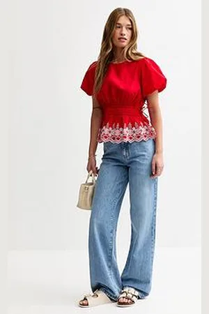 New Look Embroidered Trim Puff Sleeve Blouse