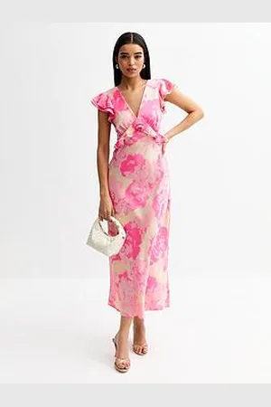 New Look Floral Print Ruffled Trimmed Satin Midi Dress