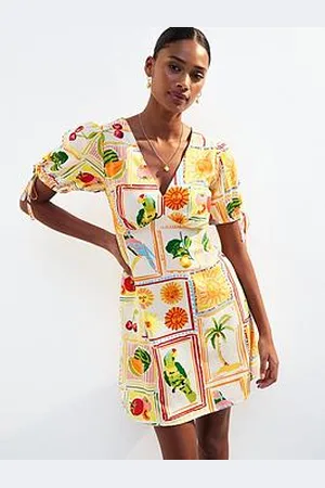 New Look Tropic Print Tie Sleeve Mini Dress