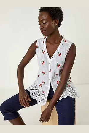 Roman Cherry Print Crinkle Button Blouse