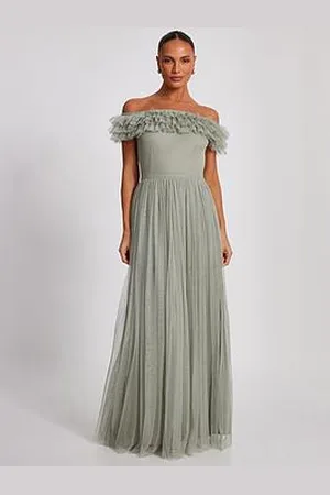 Quiz Sage Mesh Bardot Maxi Dress