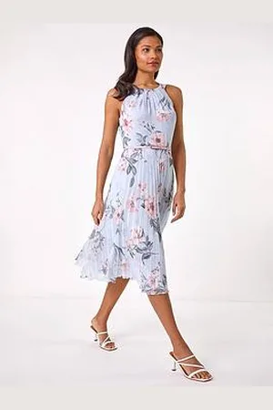 Roman Floral Pleated Halter Midi Dress