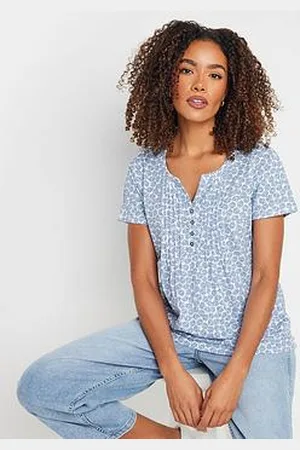 M&Co Short Sleeve Cotton Henley Top - Blue