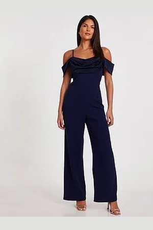 Quiz Navy Satin Cold Shoulder Jumpsuit
