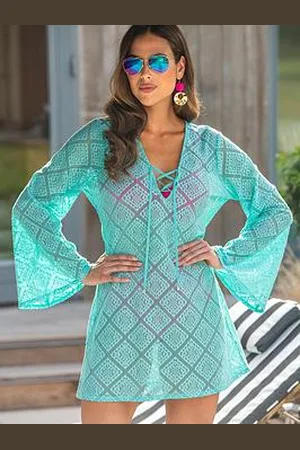 Pour Moi Crochet Lace Long Sleeve Beach Cover Up