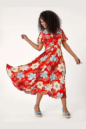 Roman Petite Floral Print Shirred Midi Dress