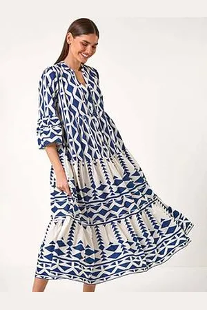 Roman Aztec Print Tiered Midi Smock Dress
