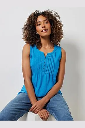 M&Co Sleeveless Cotton Henley Top - Blue