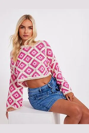Quiz Hot Pink Crochet Geometric Crop Top