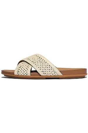 FitFlop Gracie Woven Cross Slides - Deep Tan/Ivory